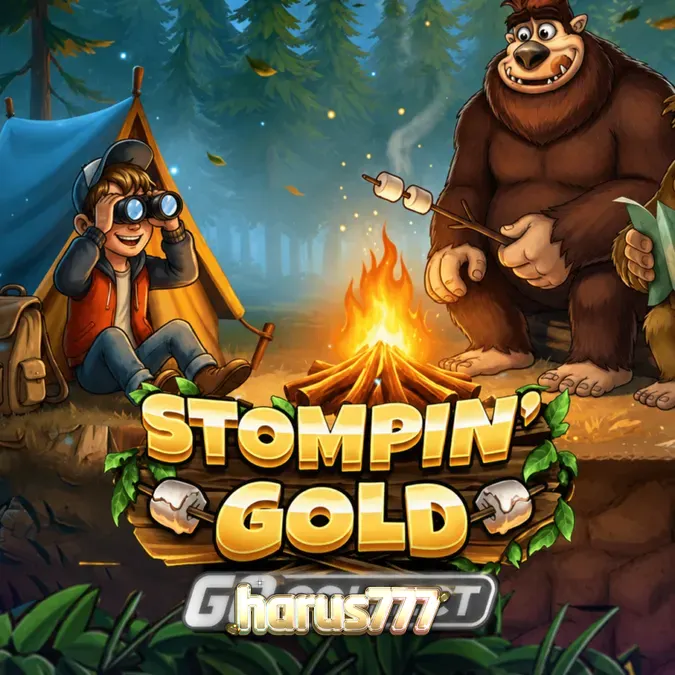 Pemandangan hutan dalam slot Stompin’ Gold dengan karakter Bigfoot